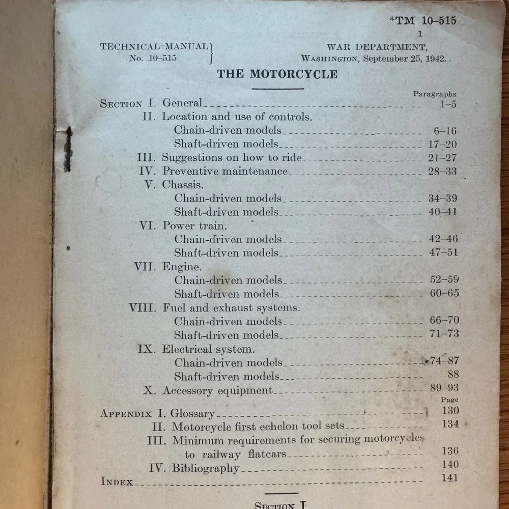 1942‎ TM 10-515 Motorcyle US Military Manual Harley Davidson Indian motorcycle